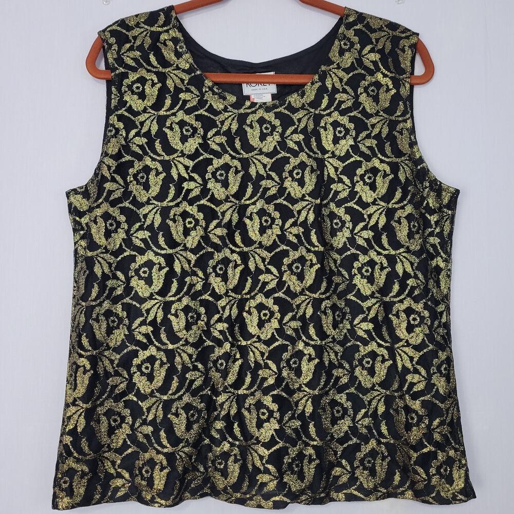 Vintage 80s/90s Sleeveless Floral Lace Top size 12 Black Gold Union Made USA